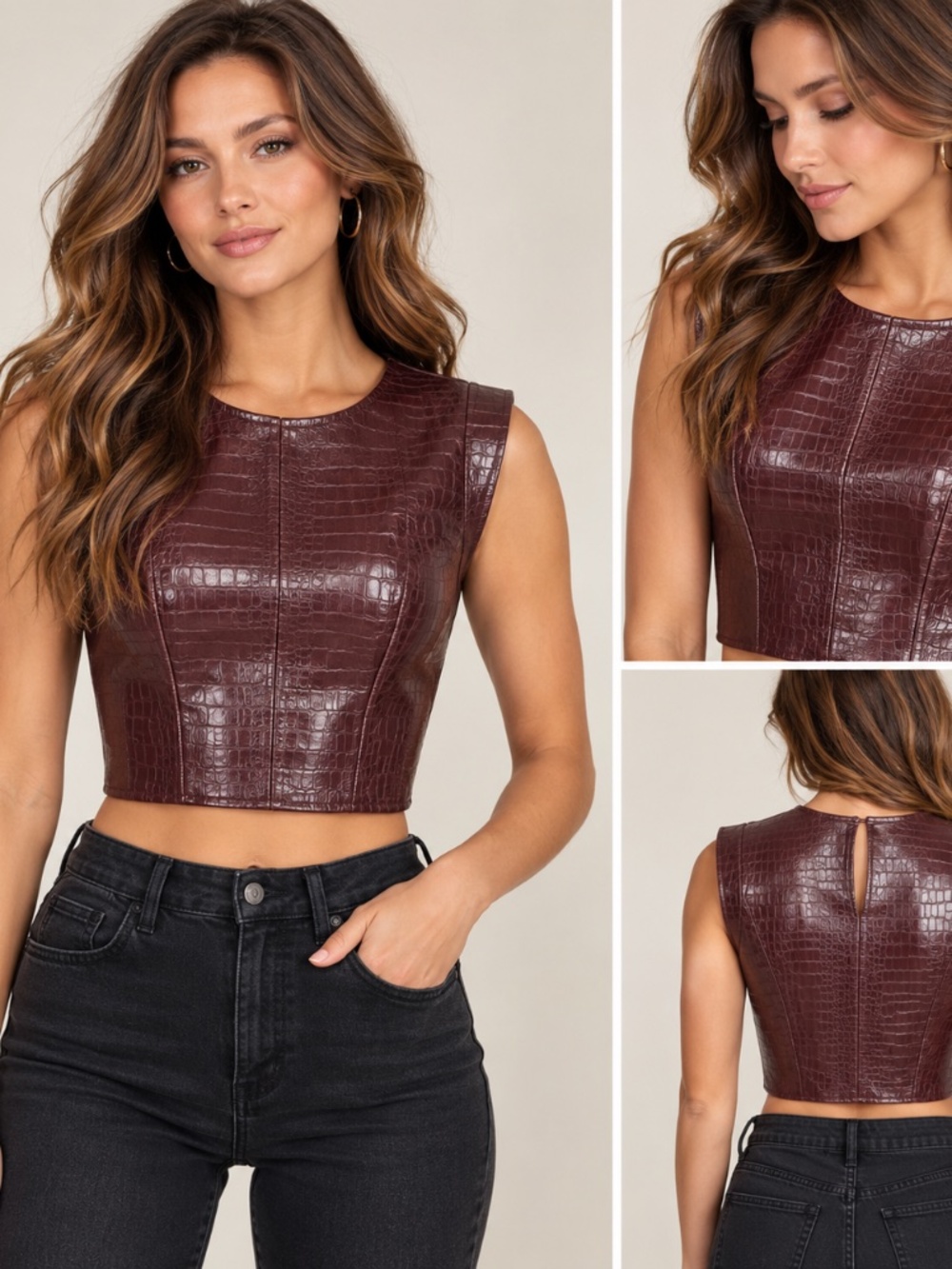Zara XS Burgundy Croc Embossed Faux Leather Crop Top Corset Y2K Dark Academia